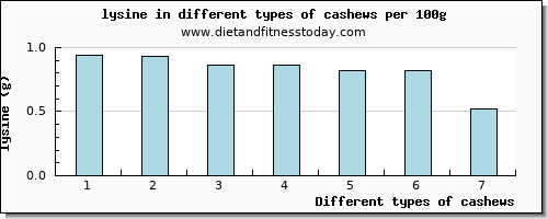 cashews lysine per 100g