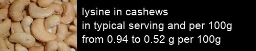 lysine in cashews information and values per serving and 100g